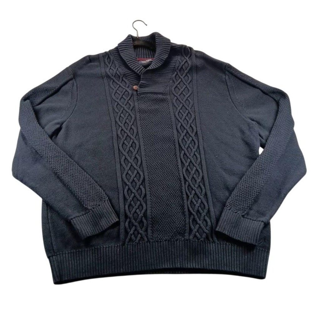 Nautica Sweater Mens 2XL Blue Cable Knit Shawl Collar Button Warm Pullover
